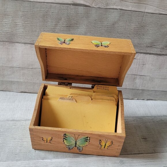 Handcrafted Wooden Recipe Box With Butterfly Design & Divider Tabs - Picture 2 of 7